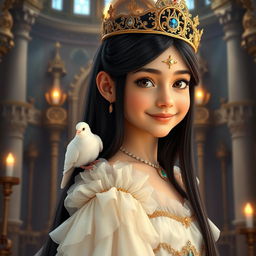 A full-body portrait of an 11-year-old Brazilian princess, characterized by her long straight black hair, dark sparkling eyes, and fair white skin