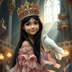 A full-body portrait of an 11-year-old Brazilian princess, characterized by her long straight black hair, dark sparkling eyes, and fair white skin