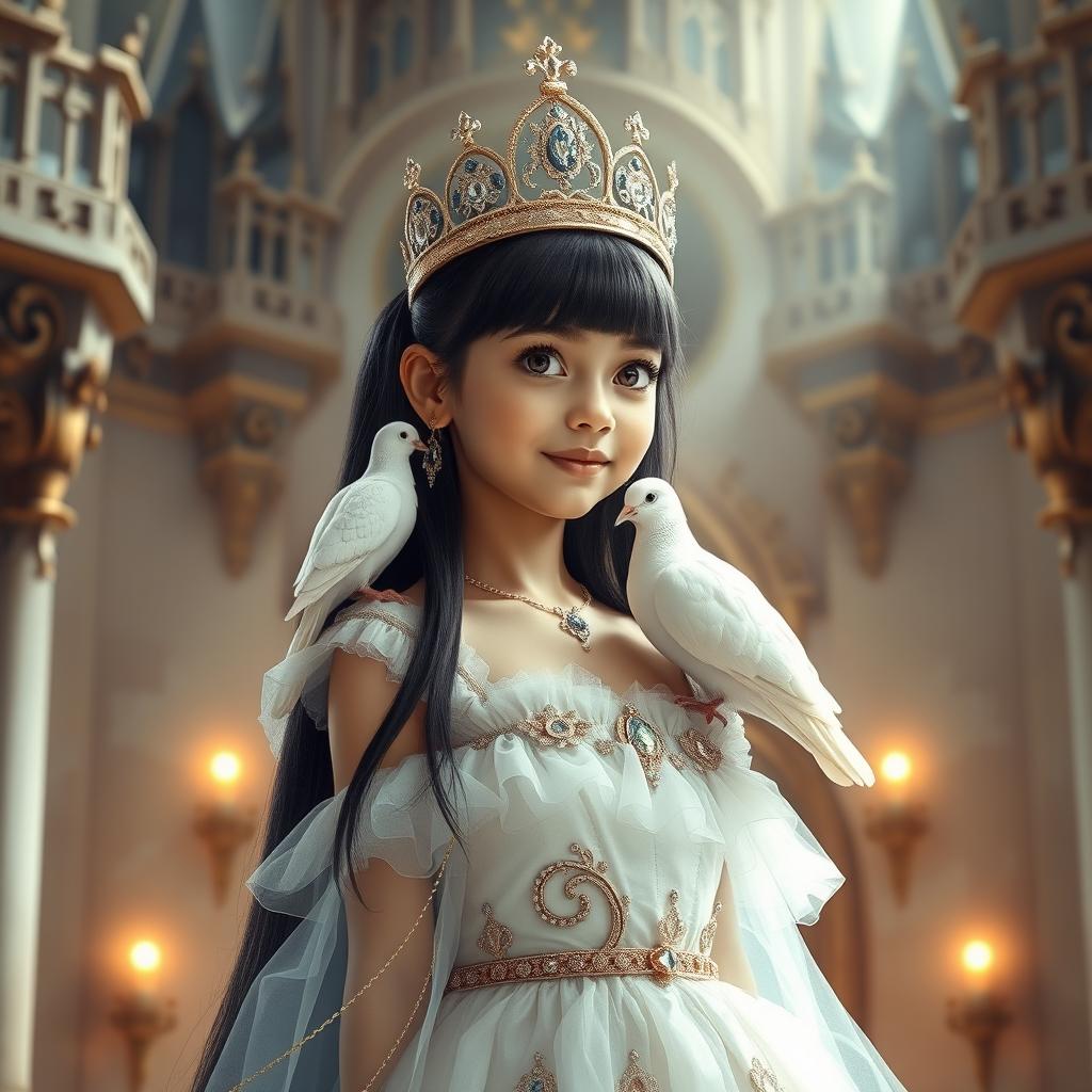 A full-body portrait of an 11-year-old Brazilian princess, characterized by her long straight black hair, dark sparkling eyes, and fair white skin