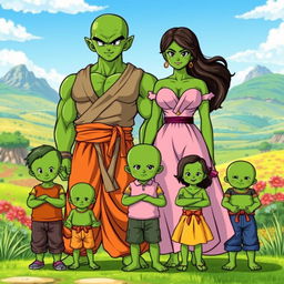 A whole-body family portrait featuring Piccolo, the green-skinned Namekian from Dragon Ball Z, standing proudly next to his Latina-built Namekian girlfriend