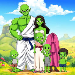 A whole-body family portrait featuring Piccolo, the green-skinned Namekian from Dragon Ball Z, standing proudly next to his Latina-built Namekian girlfriend