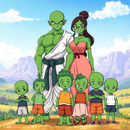A whole-body family portrait featuring Piccolo, the green-skinned Namekian from Dragon Ball Z, standing proudly next to his Latina-built Namekian girlfriend