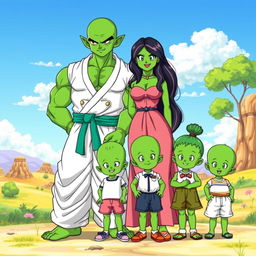A whole-body family portrait featuring Piccolo, the green-skinned Namekian from Dragon Ball Z, standing proudly next to his Latina-built Namekian girlfriend