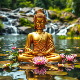 A close-up view of a golden Buddha meditating, with a focus on the intricate details of the statue's features, expressing serenity and peace