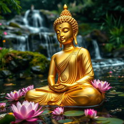 A close-up view of a golden Buddha meditating, with a focus on the intricate details of the statue's features, expressing serenity and peace