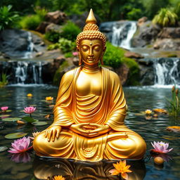A close-up view of a golden Buddha meditating, with a focus on the intricate details of the statue's features, expressing serenity and peace