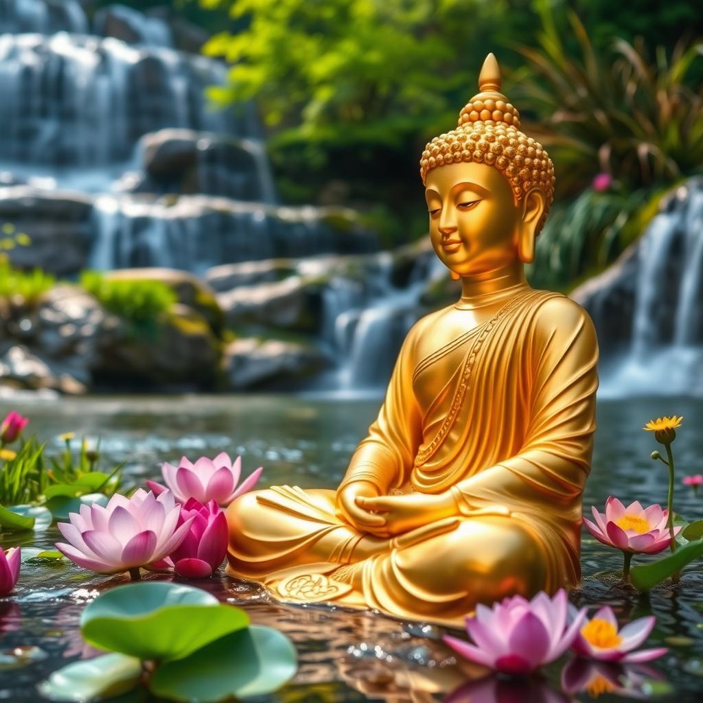 A close-up view of a golden Buddha meditating, with a focus on the intricate details of the statue's features, expressing serenity and peace
