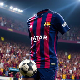 A stunning depiction of an FC Barcelona jersey designed by Adidas, featuring the iconic navy and burgundy colors, with bold vertical stripes