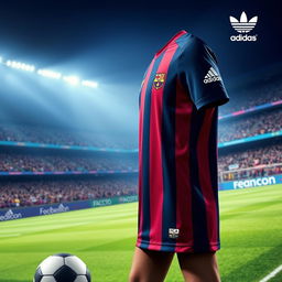 A stunning depiction of an FC Barcelona jersey designed by Adidas, featuring the iconic navy and burgundy colors, with bold vertical stripes