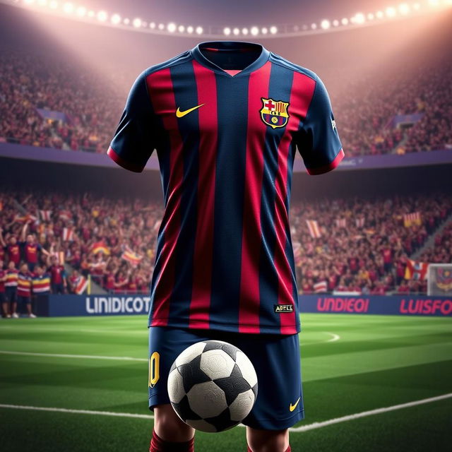 A stunning depiction of an FC Barcelona jersey designed by Adidas, featuring the iconic navy and burgundy colors, with bold vertical stripes