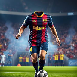 A stunning depiction of an FC Barcelona jersey designed by Adidas, featuring the iconic navy and burgundy colors, with bold vertical stripes