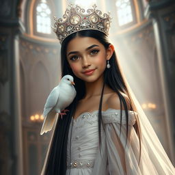 A full-body portrait of an 11-year-old Brazilian princess, characterized by her long straight black hair, dark expressive eyes, and fair white skin