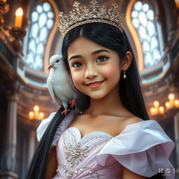 A full-body portrait of an 11-year-old Brazilian princess, characterized by her long straight black hair, dark expressive eyes, and fair white skin
