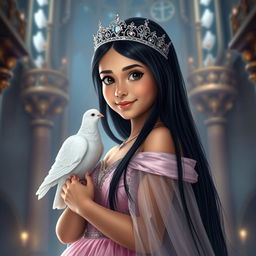 A full-body portrait of an 11-year-old Brazilian princess, characterized by her long straight black hair, dark expressive eyes, and fair white skin