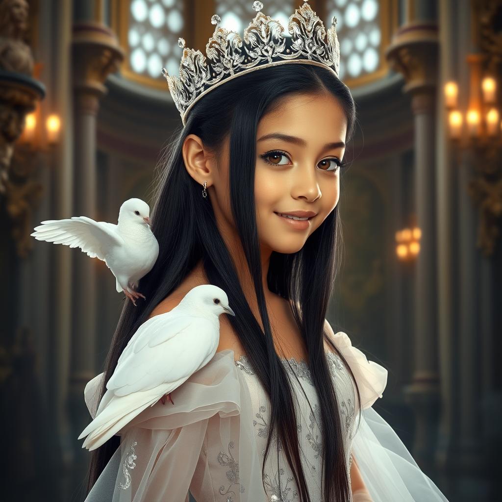 A full-body portrait of an 11-year-old Brazilian princess, characterized by her long straight black hair, dark expressive eyes, and fair white skin