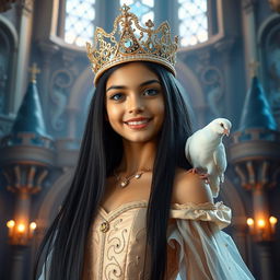 A full-body portrait of an 11-year-old Brazilian princess with long, straight black hair, dark eyes, and fair white skin