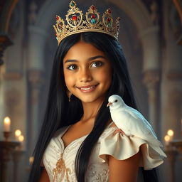 A full-body portrait of an 11-year-old Brazilian princess with long, straight black hair, dark eyes, and fair white skin