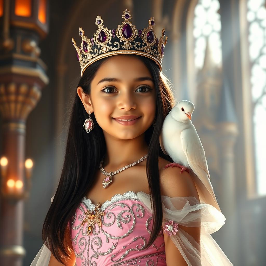 A full-body portrait of an 11-year-old Brazilian princess with long, straight black hair, dark eyes, and fair white skin