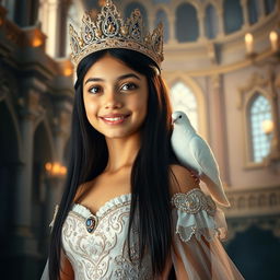 A full-body portrait of an 11-year-old Brazilian princess with long, straight black hair, dark eyes, and fair white skin