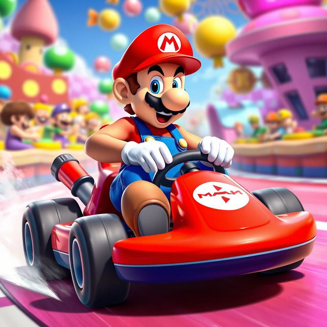 A sexy version of Mario driving a vibrant red go-kart in a colorful Mario Kart racing environment