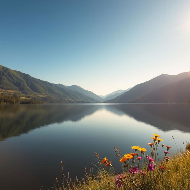 A beautifully serene landscape featuring a calm lake surrounded by lush green mountains under a clear blue sky