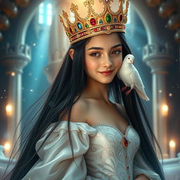 A full-body portrait of an 11-year-old white Brazilian princess, featuring her long straight black hair cascading down her back, dark enchanting eyes, and fair white skin