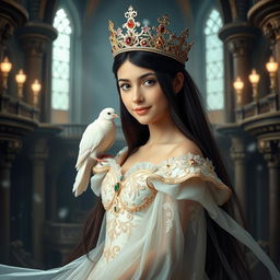 A full-body portrait of an 11-year-old white Brazilian princess, featuring her long straight black hair cascading down her back, dark enchanting eyes, and fair white skin