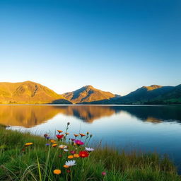 A beautifully serene landscape featuring a calm lake surrounded by lush green mountains under a clear blue sky