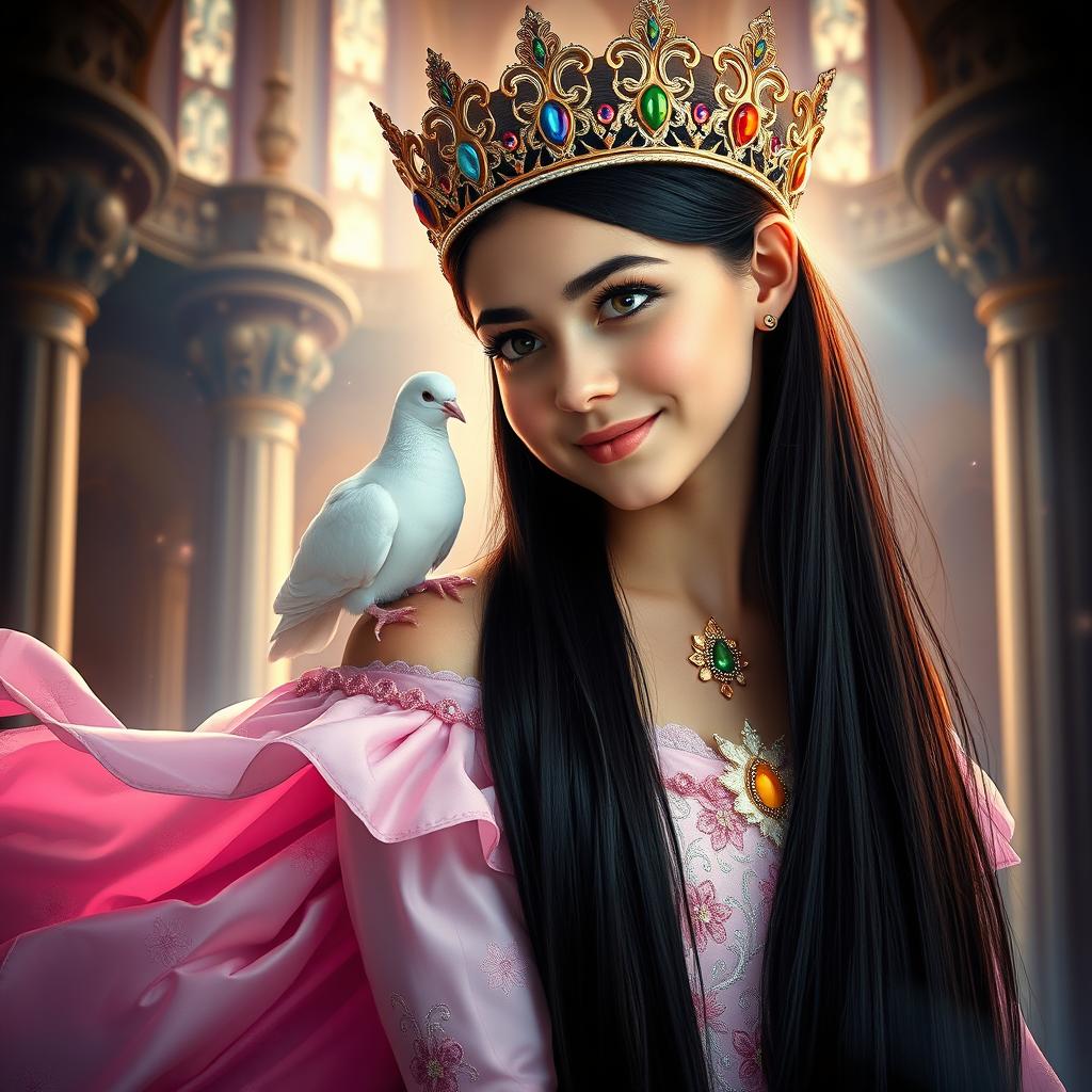 A full-body portrait of an 11-year-old white Brazilian princess, featuring her long straight black hair cascading down her back, dark enchanting eyes, and fair white skin