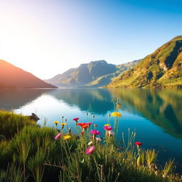 A beautifully serene landscape featuring a calm lake surrounded by lush green mountains under a clear blue sky