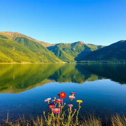 A beautifully serene landscape featuring a calm lake surrounded by lush green mountains under a clear blue sky
