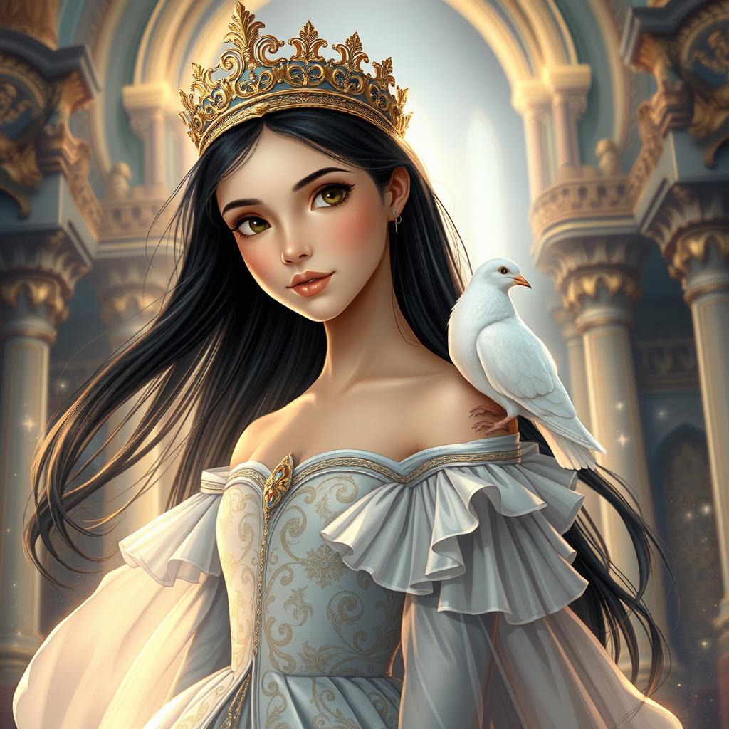 A full-body drawing of an 11-year-old Brazilian princess, featuring long straight black hair flowing elegantly, dark captivating eyes, and fair white skin