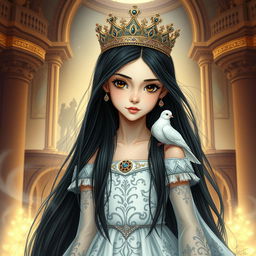A full-body drawing of an 11-year-old Brazilian princess, featuring long straight black hair flowing elegantly, dark captivating eyes, and fair white skin