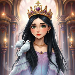 A full-body drawing of an 11-year-old Brazilian princess, featuring long straight black hair flowing elegantly, dark captivating eyes, and fair white skin
