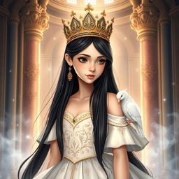A full-body drawing of an 11-year-old Brazilian princess, featuring long straight black hair flowing elegantly, dark captivating eyes, and fair white skin