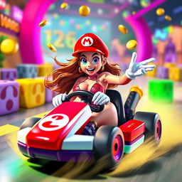 A playful and vibrant scene featuring a female character inspired by Mario, dressed in a revealing and eye-catching outfit that reflects a fun and sexy persona while racing in a colorful Mario Kart setting