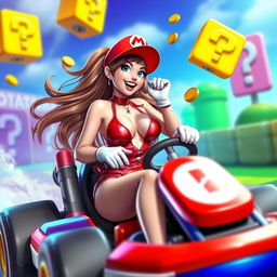 A playful and vibrant scene featuring a female character inspired by Mario, dressed in a revealing and eye-catching outfit that reflects a fun and sexy persona while racing in a colorful Mario Kart setting