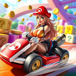 A playful and vibrant scene featuring a female character inspired by Mario, dressed in a revealing and eye-catching outfit that reflects a fun and sexy persona while racing in a colorful Mario Kart setting