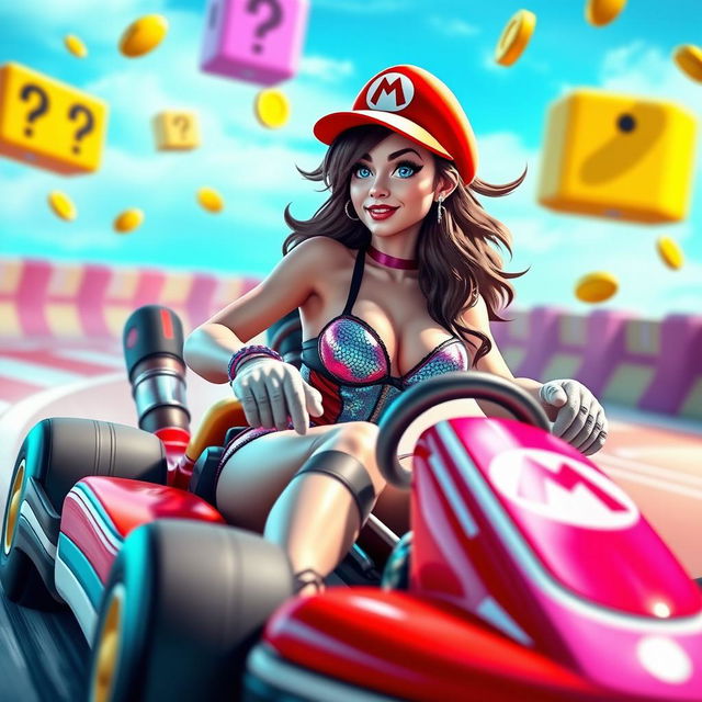 A playful and vibrant scene featuring a female character inspired by Mario, dressed in a revealing and eye-catching outfit that reflects a fun and sexy persona while racing in a colorful Mario Kart setting