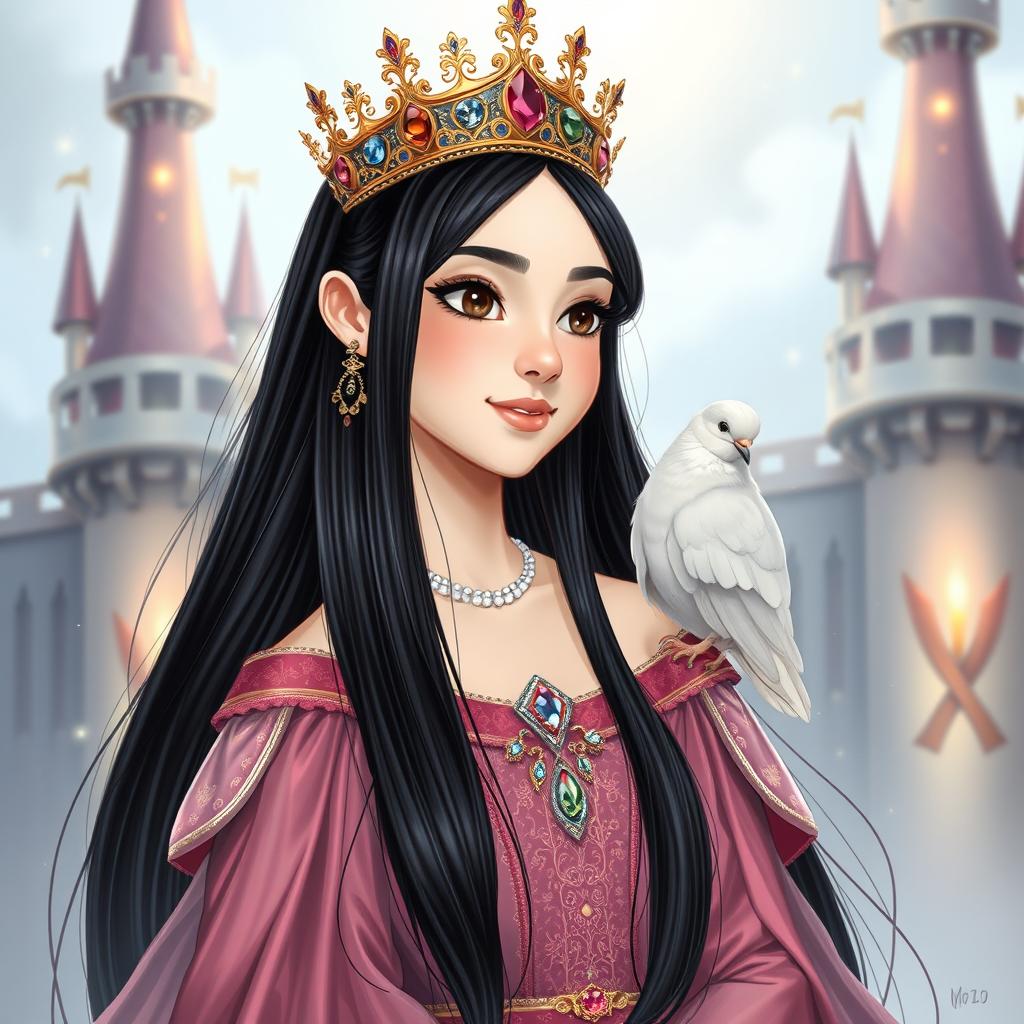 A full-body drawing of an 11-year-old white Brazilian princess, featuring her long straight black hair, dark expressive eyes, and fair white skin