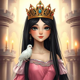 A full-body drawing of an 11-year-old white Brazilian princess, featuring her long straight black hair, dark expressive eyes, and fair white skin