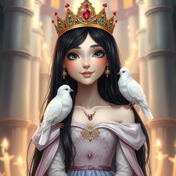 A full-body drawing of an 11-year-old white Brazilian princess, featuring her long straight black hair, dark expressive eyes, and fair white skin