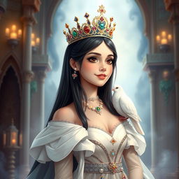 A full-body drawing of an 11-year-old white Brazilian princess, featuring her long straight black hair, dark expressive eyes, and fair white skin