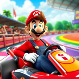 A playful and flamboyant male version of Mario character, wearing a form-fitting, stylish version of his iconic outfit, including a tight red shirt and fashionable overalls