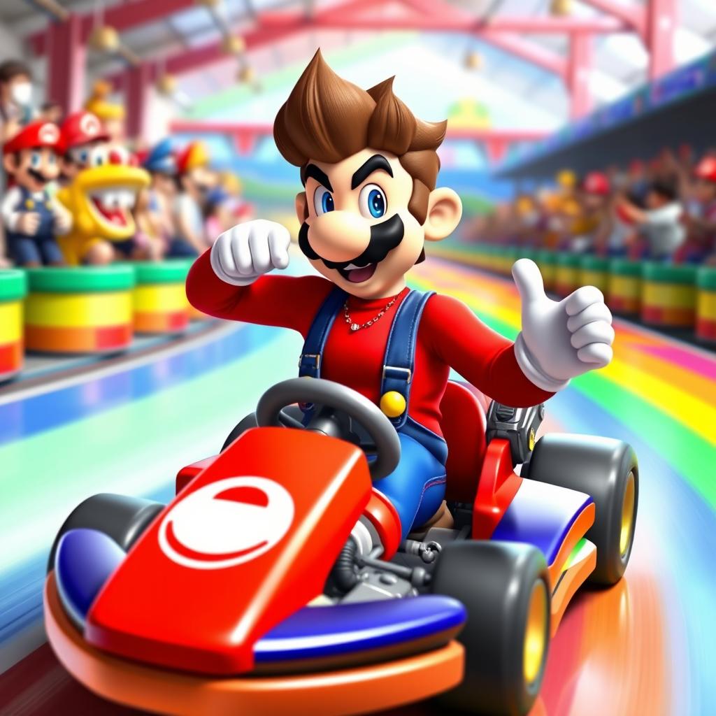 A playful and flamboyant male version of Mario character, wearing a form-fitting, stylish version of his iconic outfit, including a tight red shirt and fashionable overalls