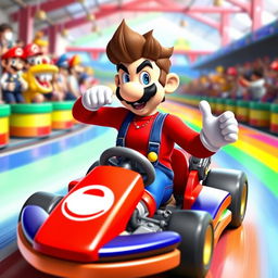 A playful and flamboyant male version of Mario character, wearing a form-fitting, stylish version of his iconic outfit, including a tight red shirt and fashionable overalls