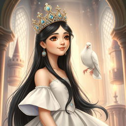 A full-body drawing of an 11-year-old white Brazilian princess, with long straight black hair that flows elegantly, dark expressive eyes, and fair white skin
