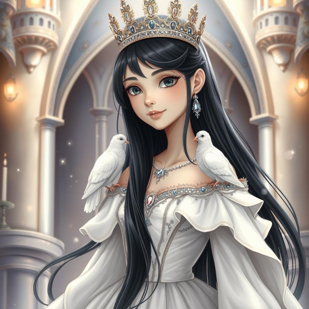 A full-body drawing of an 11-year-old white Brazilian princess, with long straight black hair that flows elegantly, dark expressive eyes, and fair white skin