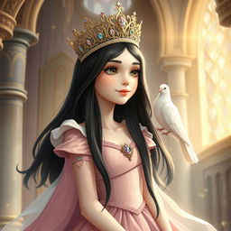 A full-body drawing of an 11-year-old white Brazilian princess, with long straight black hair that flows elegantly, dark expressive eyes, and fair white skin