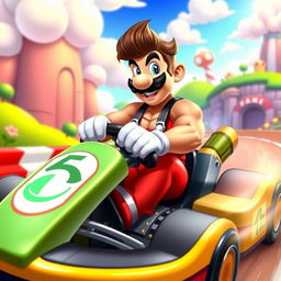 A sexy and playful male character inspired by Mario, wearing a form-fitting and cheeky version of his classic outfit, driving a colorful kart in a vibrant racing scene
